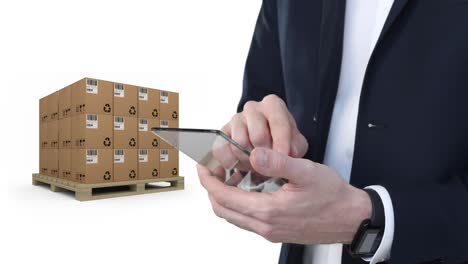 Animation-of-businessman-using-clear-smartphone-with-stacks-of-boxes-on-white-background