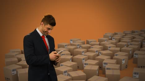 Animation-of-man-using-smartphone-with-stacks-of-boxes-on-orange-background