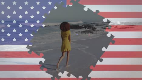 Animation-Von-Puzzles-Mit-Amerikanischer-Flagge,-Die-Konfetti-Und-Eine-Tanzende-Frau-Am-Strand-Zeigen