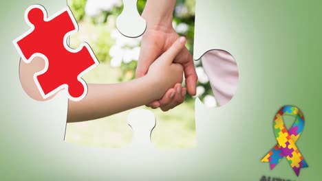 Animation-of-red-and-yellow-puzzle-pieces-falling-over-mother-and-daughter-holding-hands