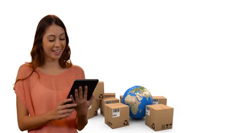 Animation-of-woman-using-tablet-with-stacks-of-boxes-and-globe-on-white-background