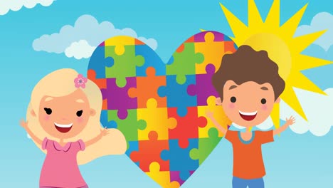 Animation-of-heart-in-autism-awareness-puzzles-over-girl-and-boy-with-sun-on-blue-sky