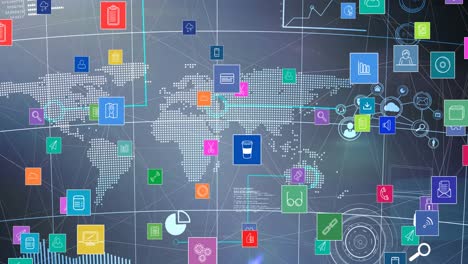 Animation-of-network-of-connections-with-digital-icons-over-world-map-in-background