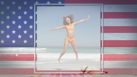 Animation-of-american-flag-waving-over-woman-jumping-on-beach