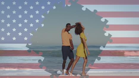 Animation-of-american-flag-jigsaw-puzzle-revealing-confetti-and-couple-dancing-on-beach