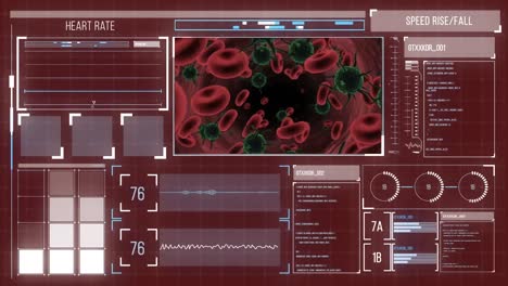 Digital-animation-of-digital-interface-with-medical-data-processing-against-red-background