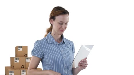 Animation-of-woman-holding-transparent-interactive-tablet-with-stacks-of-boxes-on-white-background