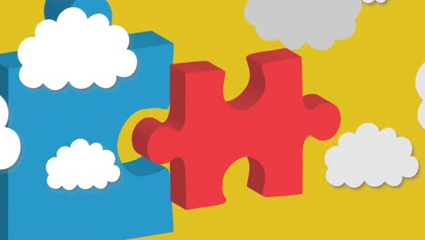 Animation-of-red-and-blue-autism-awareness-puzzles-with-white-clouds-on-yellow