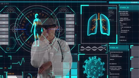 Digital-interface-with-medical-data-processing-against-female-doctor-using-vr-headset