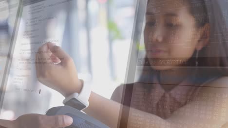 Computer-data-processing-against-asian-woman-making-payment-using-smartwatch