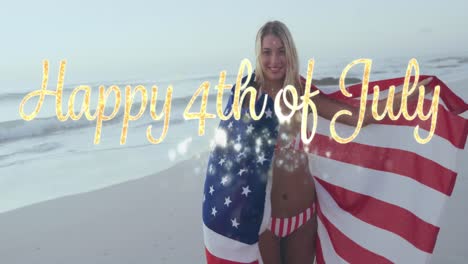 Happy-4th-of-july-text-against-caucasian-woman-wrapping-american-around-her-on-the-beach