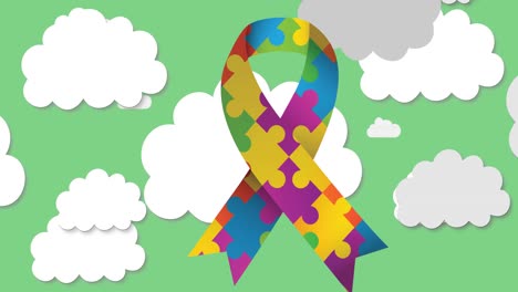 Animation-of-ribbon-in-autism-awareness-month-puzzles-over-clouds-on-green-sky