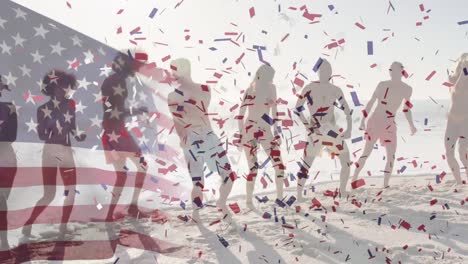 Animation-of-american-flag-waving-with-confetti-over-friends-dancing-on-beach