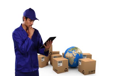 Animation-of-warehouse-worker-using-tablet-with-stacks-of-boxes-and-globe-on-white-background