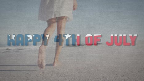 Animation-Eines-Fröhlichen-4.-Juli-Textes-Mit-Amerikanischem-Flaggenmuster,-Das-über-Einer-Frau-Weht,-Die-Am-Strand-Spaziert