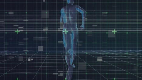Animation-of-person-running-and-flickering-data-processing-with-grid-over-black-background