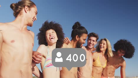 Animation-of-speech-bubble-with-people-icon-and-numbers-over-friends-holding-surfboards-on-beach