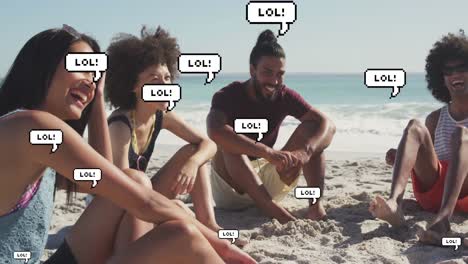 Animation-of-speech-bubble-with-lol-text-over-smiling-friends-on-beach