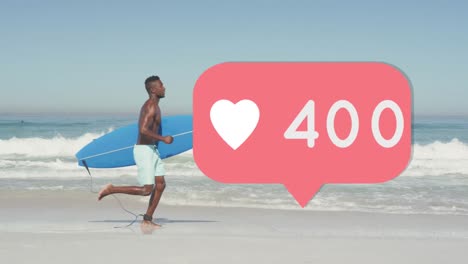 Animation-of-speech-bubble-with-heart-icon-and-numbers-over-man-running-with-surfboard-on-beach