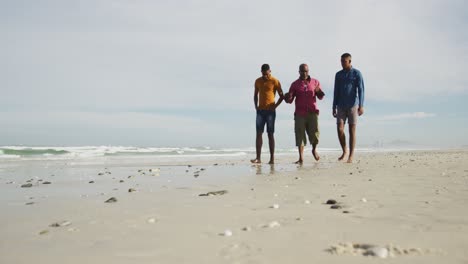 Afroamerikanischer-älterer-Vater-Und-Zwei-Söhne-Im-Teenageralter,-Die-Am-Strand-Spazieren-Gehen-Und-Reden
