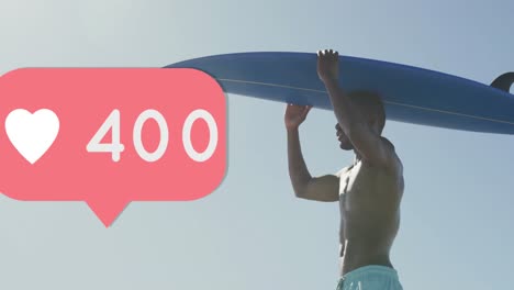 Animation-of-speech-bubble-with-heart-icon-and-numbers-over-man-carrying-surfboard-on-beach