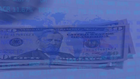 Animation-of-financial-data-processing-and-world-map-over-american-dollar-bills
