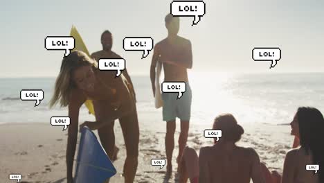 Animation-of-speech-bubbles-with-lol-text-over-friends-with-surfboards-on-beach