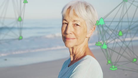 Animation-of-network-of-connections-with-icons-over-smiling-senior-woman-on-beach