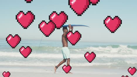 Animation-Digitaler-Herzsymbole-über-Einem-Mann,-Der-Ein-Surfbrett-Am-Strand-Trägt