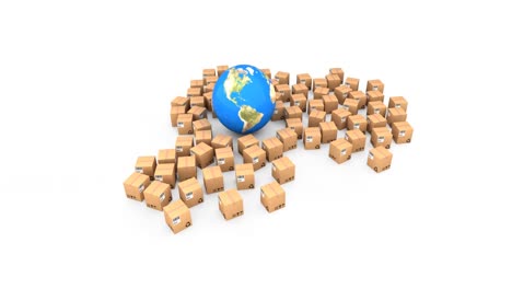 Animation-of-globe-and-multiple-cardboard-boxes-moving-on-white-background