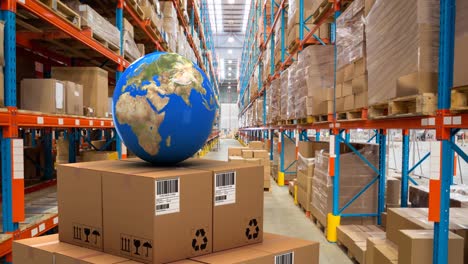 Animation-of-globe-on-cardboard-boxes-moving-over-warehouse