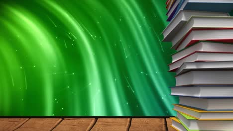 Animation-of-stack-of-books-with-copy-space-over-glowing-green-light-trails