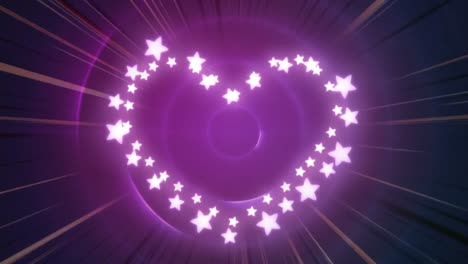 Animation-of-star-fairy-lights-forming-heart-frame-with-copy-space-on-pulsating-purple-circles