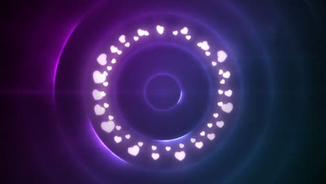 Animation-Von-Herz-Lichterketten,-Die-Einen-Runden-Rahmen-Mit-Kopierraum-Auf-Pulsierenden-Violetten-Kreisen-Bilden