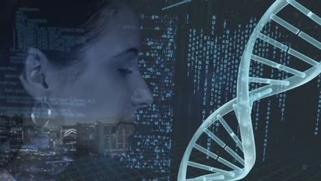 Animation-of-dna-strand-spinning-and-data-processing-over-woman-with-eyes-closed