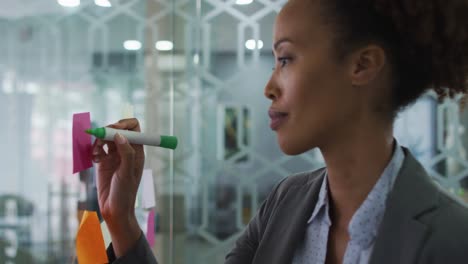 Mixed-race-businesswoman-writing-with-green-marker-on-memo-note-on-transparent-board-in-office