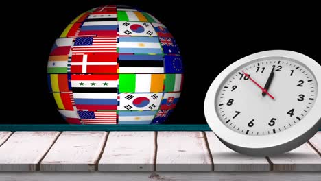 Animation-of-clock-ticking-and-globe-formed-with-flags-on-black-background