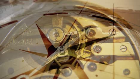 Animation-Eines-Kompasses,-Der-Sich-über-Ein-Sich-Drehendes-Uhrwerk-Und-Eine-Weltkarte-Bewegt