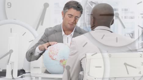 Animation-of-clocks-moving-fast-over-two-businessmen-discussing-and-looking-at-globe