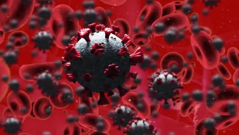 Animation-Von-Covid-19-Und-Roten-Blutkörperchen,-Die-über-Rotem-Hintergrund-Schweben