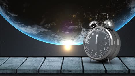 Animation-of-vintage-alarm-clock-moving-fast-and-ringing-over-globe-spinning-on-blue-background