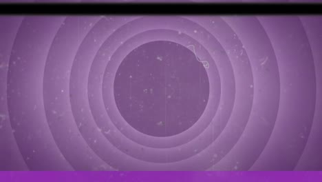 Animation-of-specks-floating-and-black-horizontal-lines-flickering-over-purple-circles