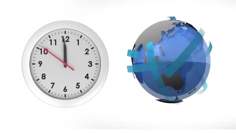 Animation-Einer-Tickenden-Uhr-Mit-Blauen-Streifen,-Die-Sich-Auf-Weißem-Hintergrund-Um-Den-Globus-Bewegen