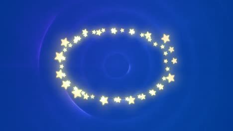 Animation-of-star-fairy-lights-forming-oval-frame-with-copy-space-on-pulsating-blue-circles