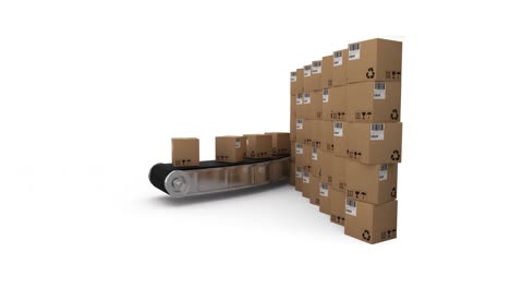 Animation-of-multiple-stacked-up-cardboard-boxes-moving-on-conveyor-belt-on-white-background