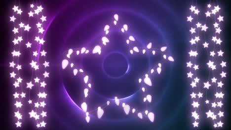 Animation-of-fairy-lights-forming-strings-and-star-frame-with-copy-space-on-pulsating-purple-circles