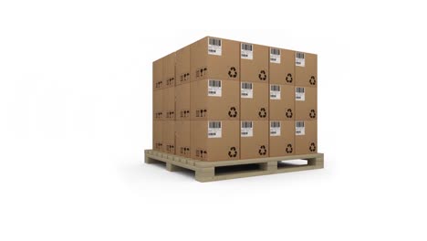 Animation-of-multiple-stacked-up-cardboard-boxes-on-wooden-crate-on-white-background