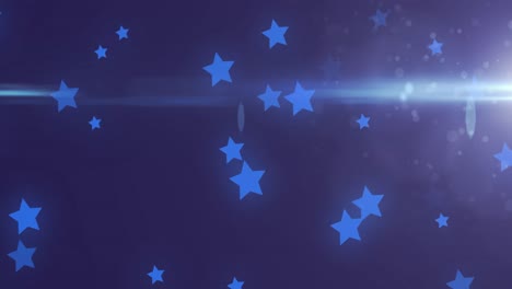 Animation-of-multiple-blue-stars-moving-on-purple-background-with-glowing-light