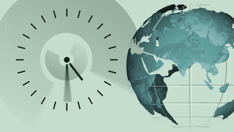 Animation-of-clock-moving-fast-and-globe-spinning-on-green-background