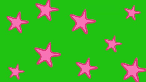 Animation-of-pink-stars-pulsating-in-repetition-on-green-background